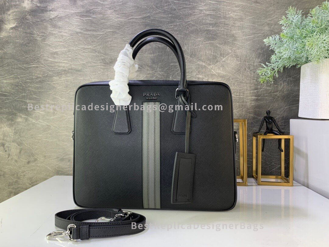 Prada Grey Saffiano Leather Bandoleer Briefcase SHW 368